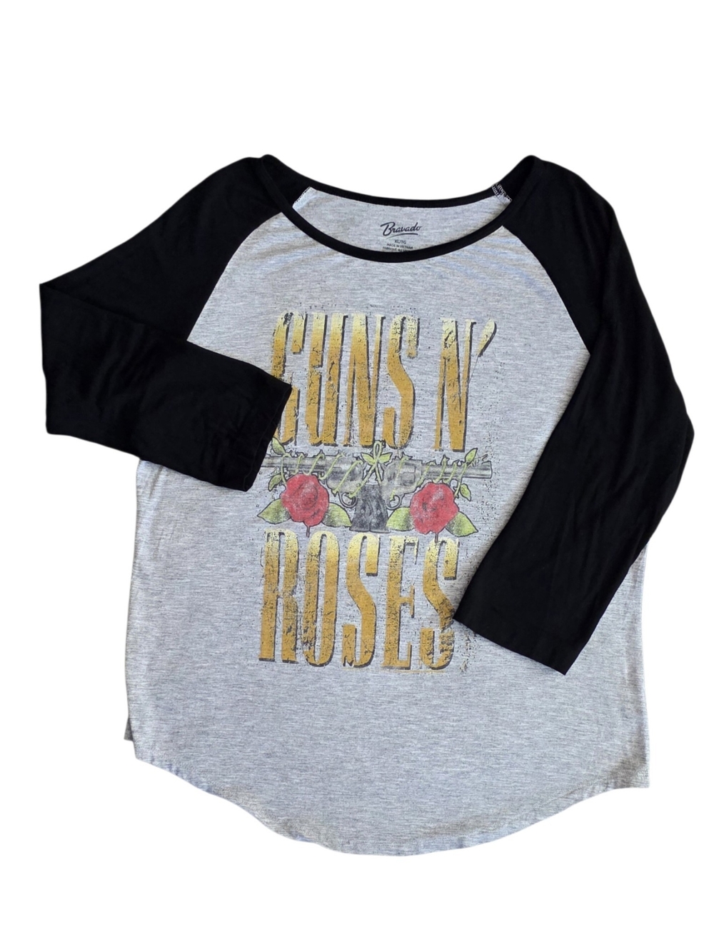 Guns N Roses XL Gray and Black Bravado Rock Band Raglan Tee Extra Large